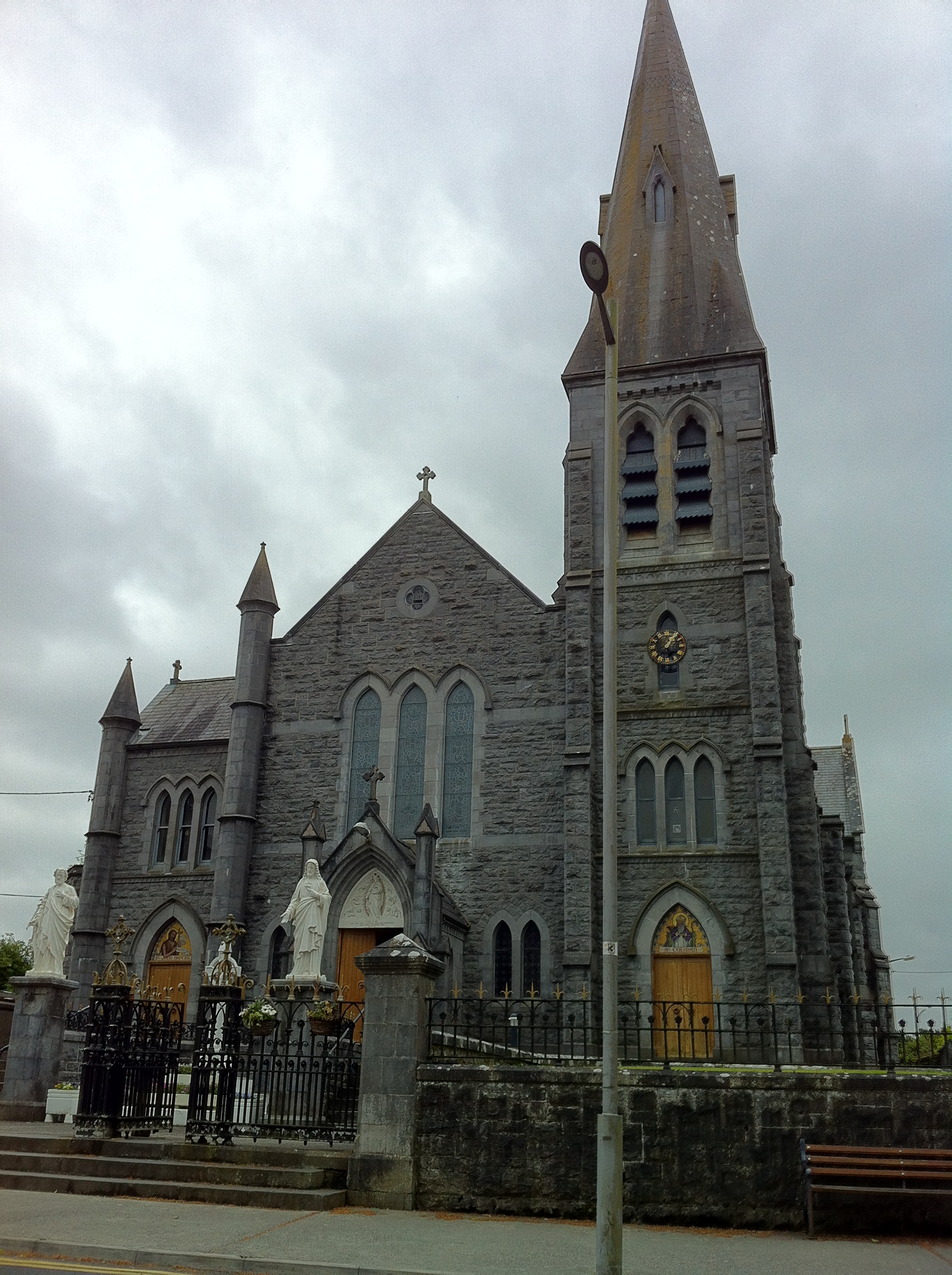 St. Colman's Catholic Church in Gort. John C. Swift was baptized in Gort in 1831. This is before records of baptisms were maintained, but 1864 John's wife wrote the priest in Gort to ask for a record of John's birth, and the priest sent a statement based on testimony by credible witnesses. Photo by Annis Householder.